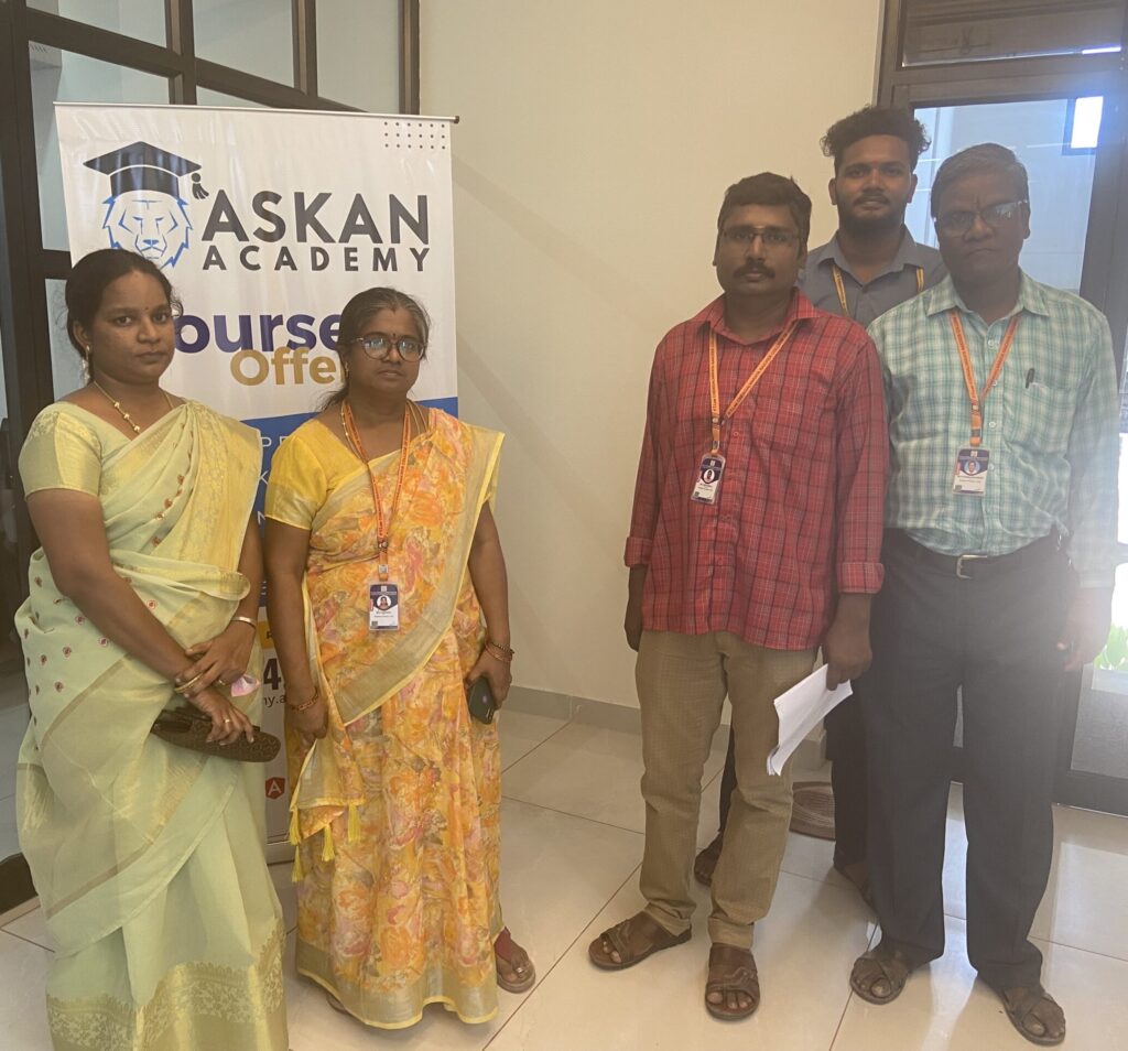 Faculty members of Prathyusha Engineering College at Askan Technologies, symbolizing collaboration and academic excellence during the industrial visit.